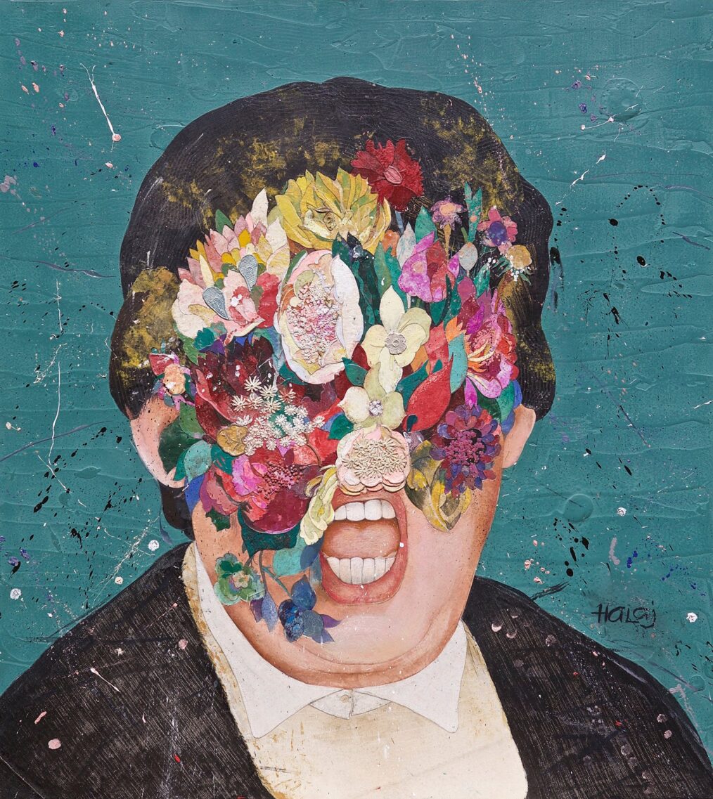 " Floral Mind #10 " 2016 Oil, emulsion, textile, mixed media on panel, 40x36 in. (101.6x91.44 cm)