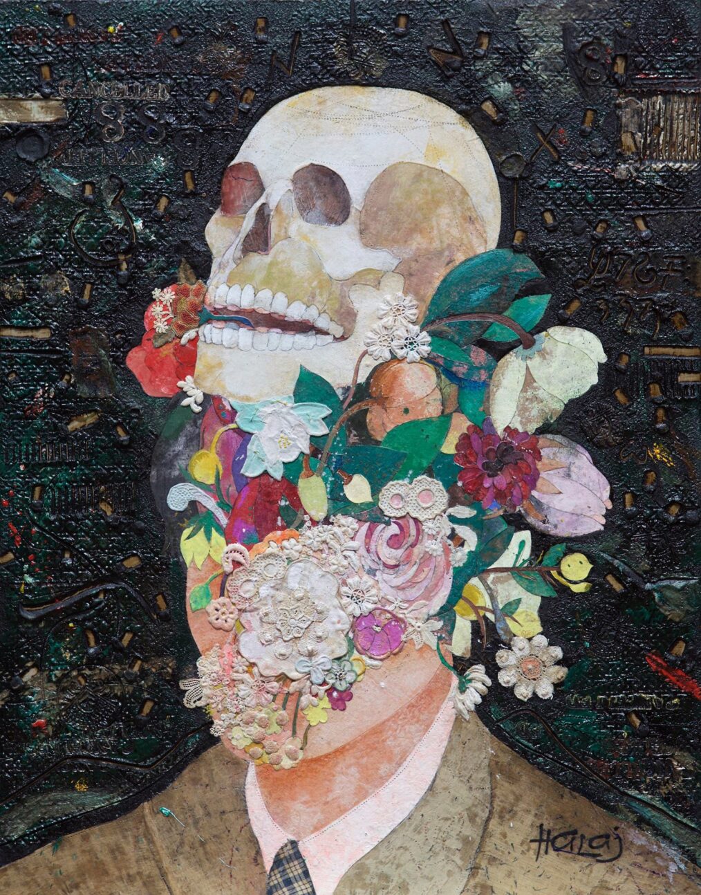 " Floral Mind #11 " 2016 Oil, emulsion, textile, mixed media on panel, 28x22 in. (71.12x55.88cm)