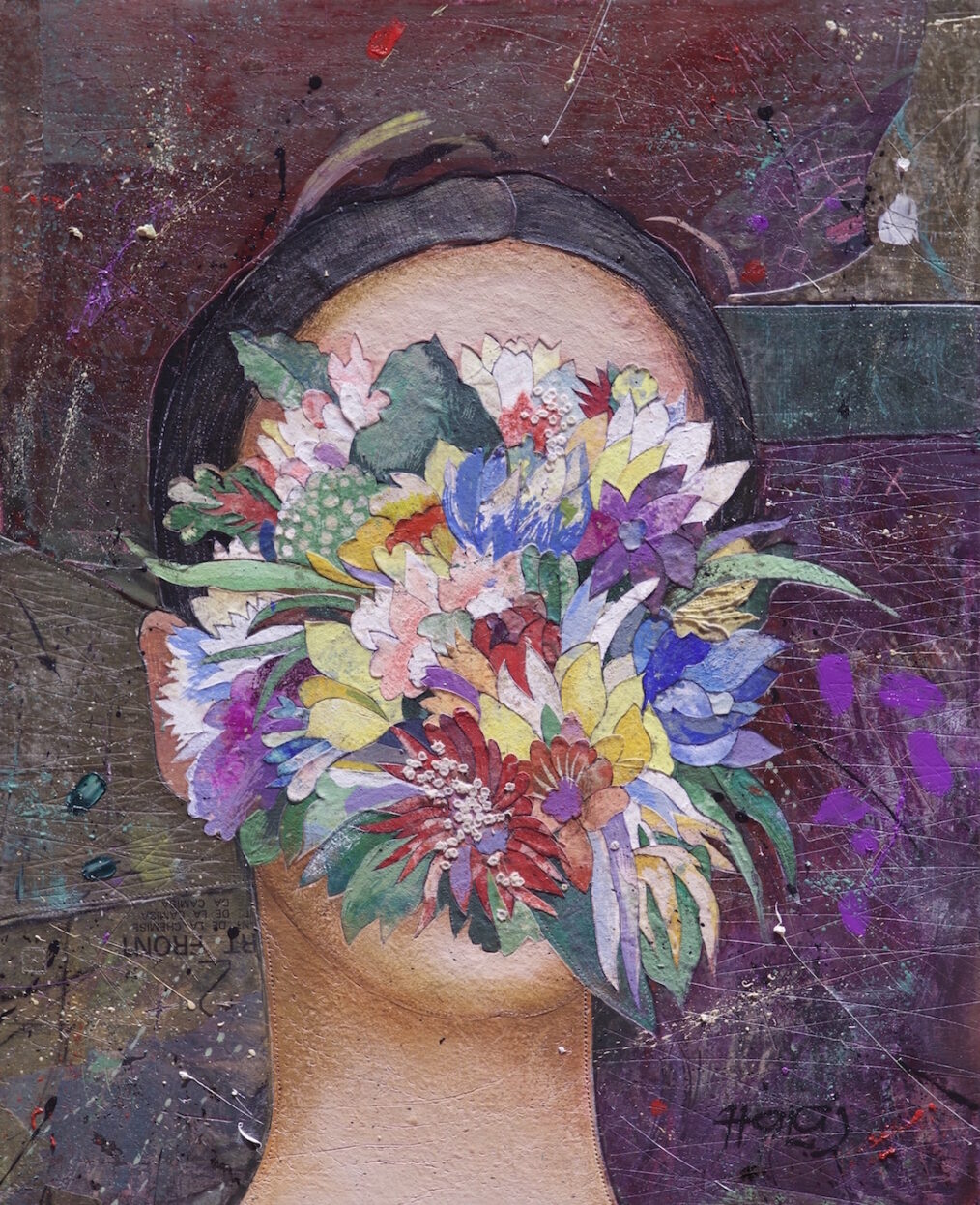 " Floral Mind #15 " 2016 Oil, emulsion, textile, mixed media on panel, 20x18in. (55.88x45.72 cm) Private Collection,Portland, OR.