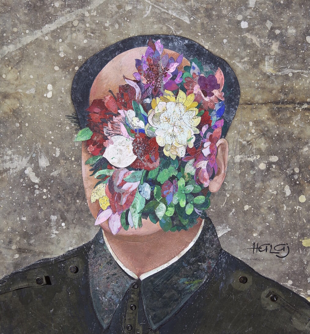 " Floral Mind #18 "(Mao) 2016 Oil, emulsion, textile, mixed media on panel, 30x28 in. (76.2x71.12 cm)