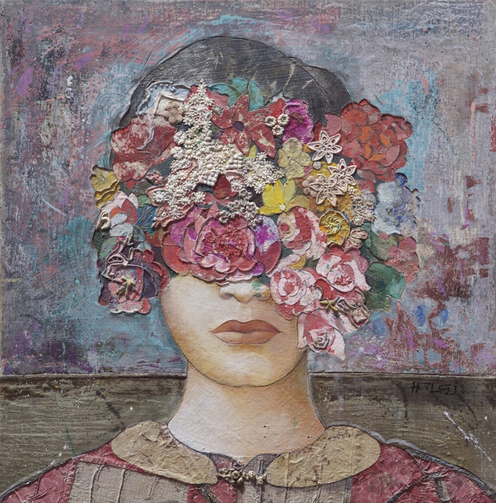 " Floral Mind #2 " 2015 Oil, emulsion, textile, mixed media on panel, 24x24 in. (60.96x60.96 cm) Private Collection, Walla Walla, Washington.