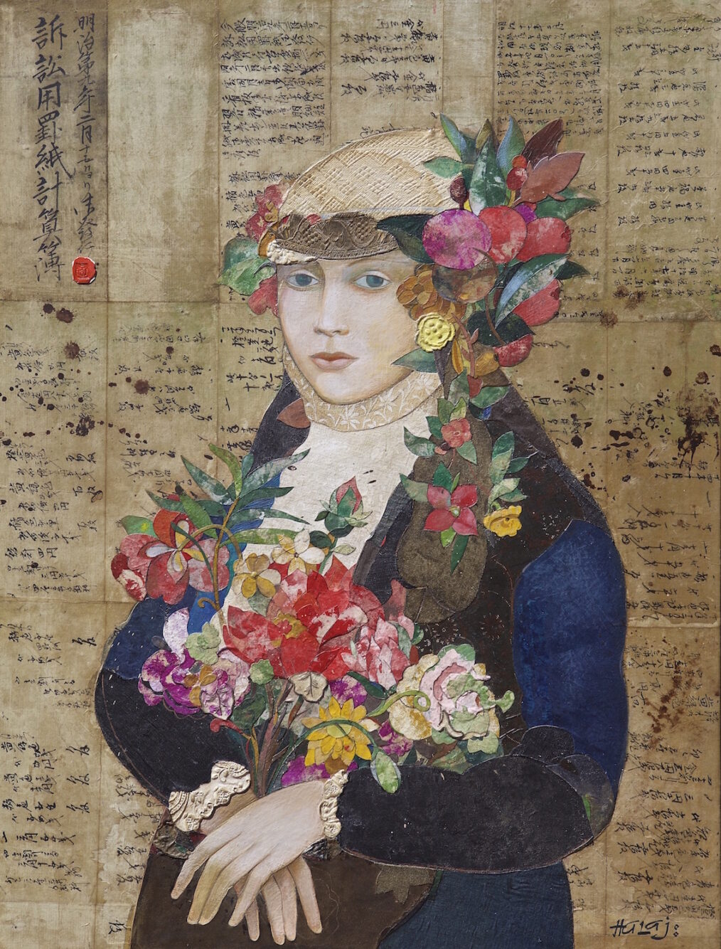 " Floral Mind #5 " 2015, Oil, emulsion, textile, tar, mixed media on panel, 40x30 in. (101.6x76.2 cm)