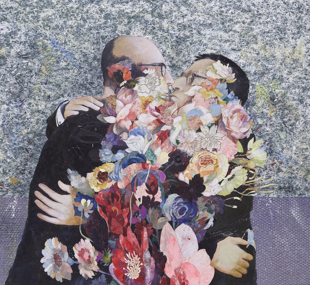 " Political Love " 2016 Oil, emulsion, wax, textile, mixed media on panel, 48x52 in. (121.92x132.08 cm)