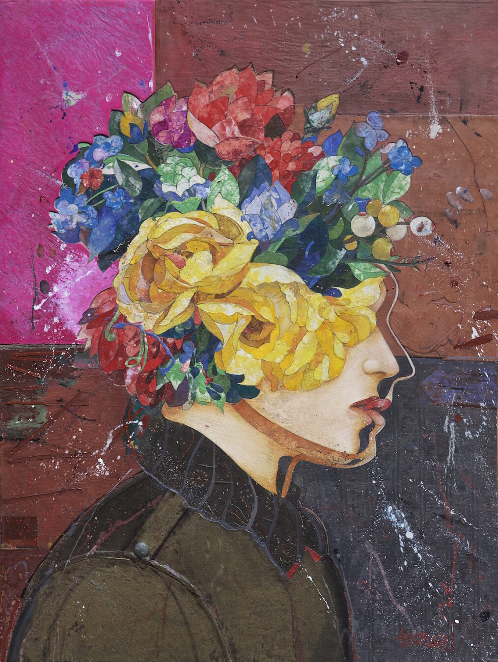 " Soldier " 2015 Oil, emulsion, textile, mixed media on panel, 40x30 in. (101.6x76.2 cm) Private Collection, Morgan Stanley Headquarters New York NY .