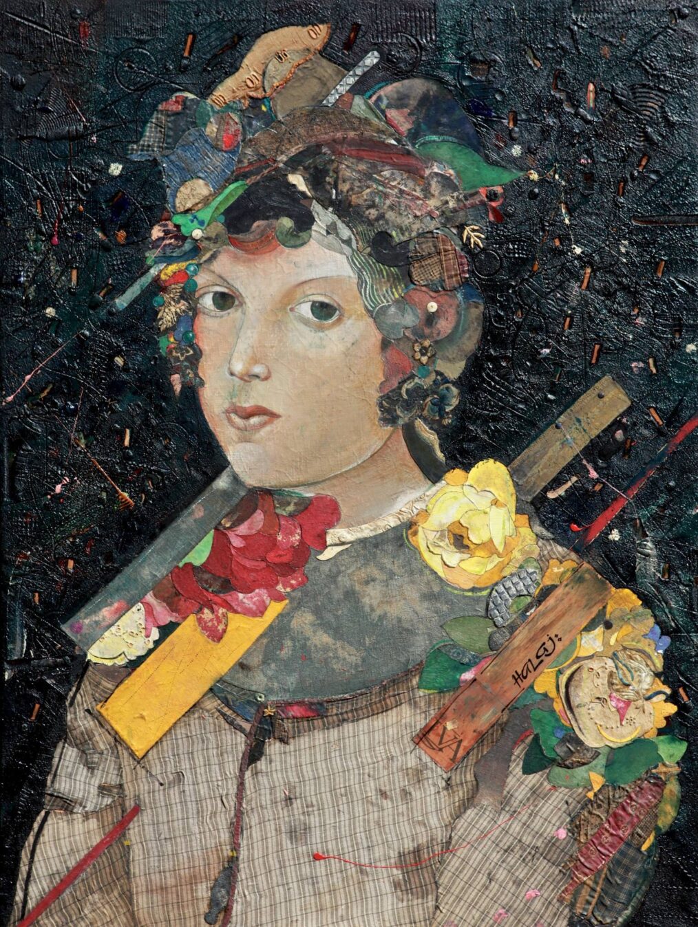 "Autumn" 2015 Oil, emulsion, textile, tar, mixed media on panel, 40x30 in. (101.6x76.2 cm)