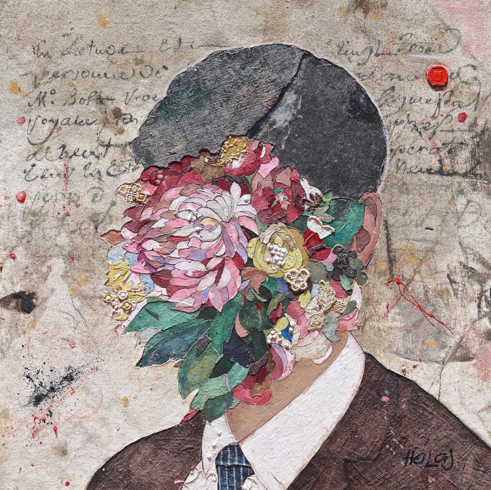 "Banker" 2015 Oil, emulsion, textile, mixed media on panel,24x24 in. (60.96x60.96 cm) Private Collection, London, UK