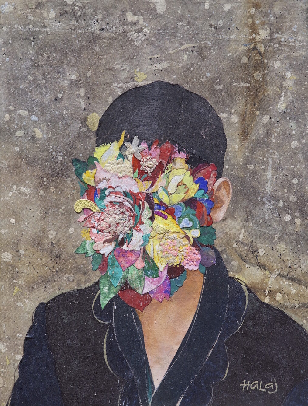 "Boy From Wall Street" 2016, Oil, emulsion, textile, mixed media on panel, 26x20 in. (66.04x50.8 cm)