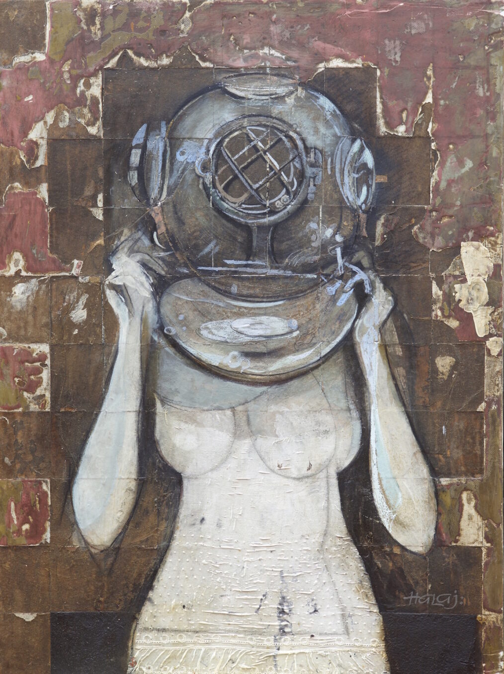 "Diver" 2015 Textile, paper, fabric, emulsion, mixed media on panel, 40x30 in. (101.6x76.2 cm) Private Collection, Beverly Hills, CA