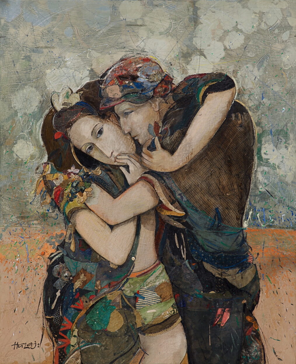 "Lovers" 2014 Oil, encaustic wax, emulsion, textile, mixed media on panel, 44x36 in. (111.8x91.4 cm)
