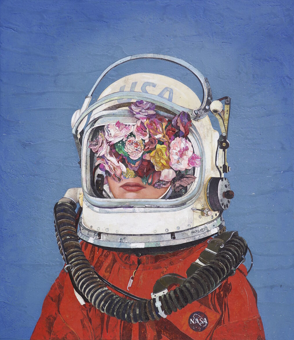 Floral Mind #21: 2016 Oil, textile, mixed media on panel, 48x42 in. (121.92x106.68 cm)